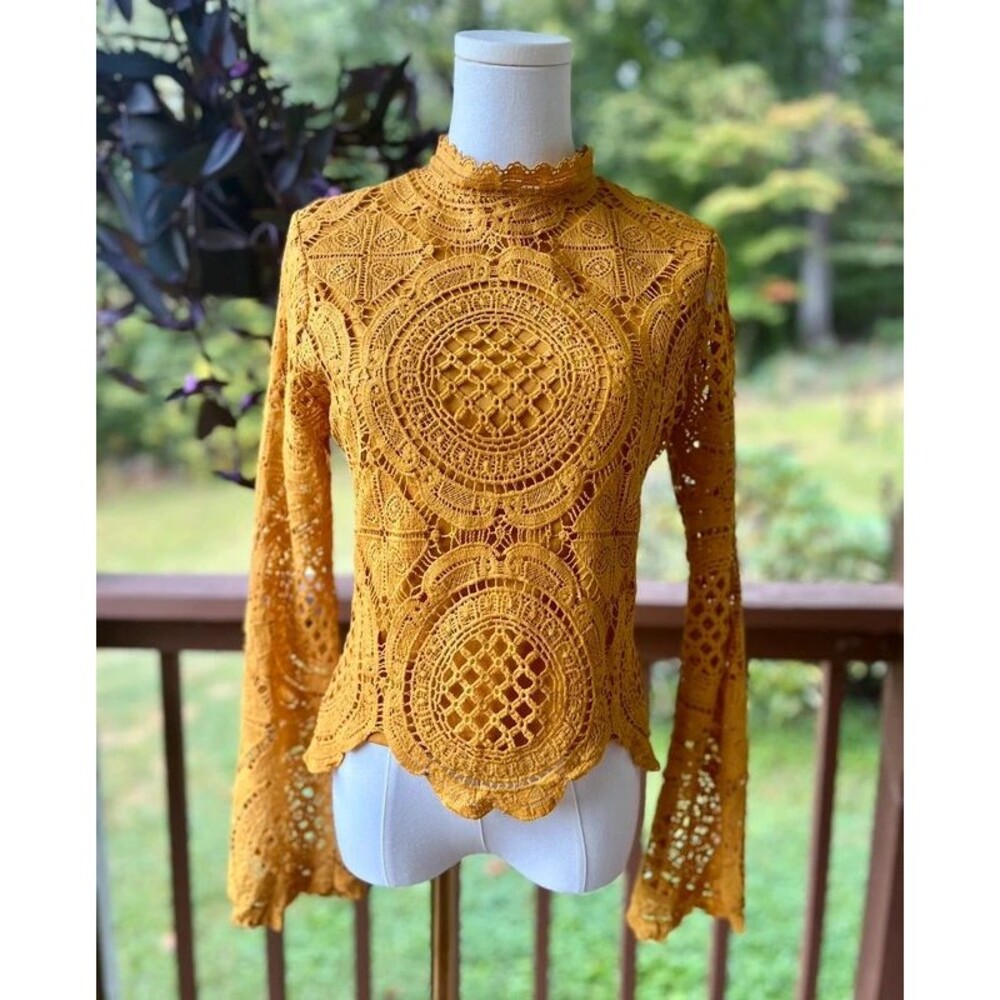 Ultra Pink S Mustard Crochet Lace Boho Bell Sleeve Top